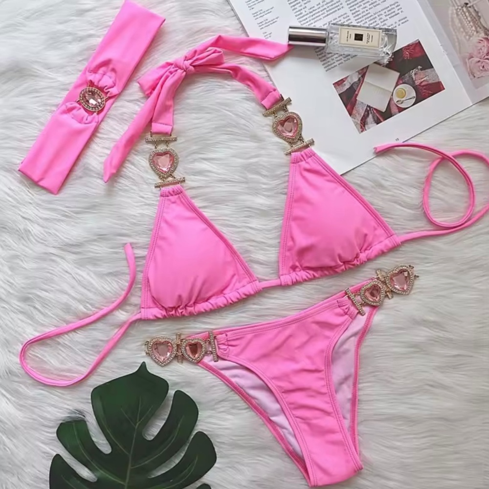 The X Collection 3 Piece Bikini , Top , & Headband Pink Small Swimsuit